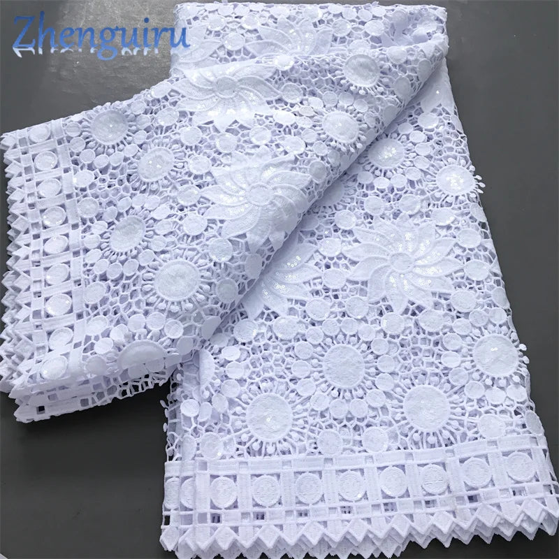 Pure White Nigerian Guipure Lace Fabric Water Soluble African Sequin Cord