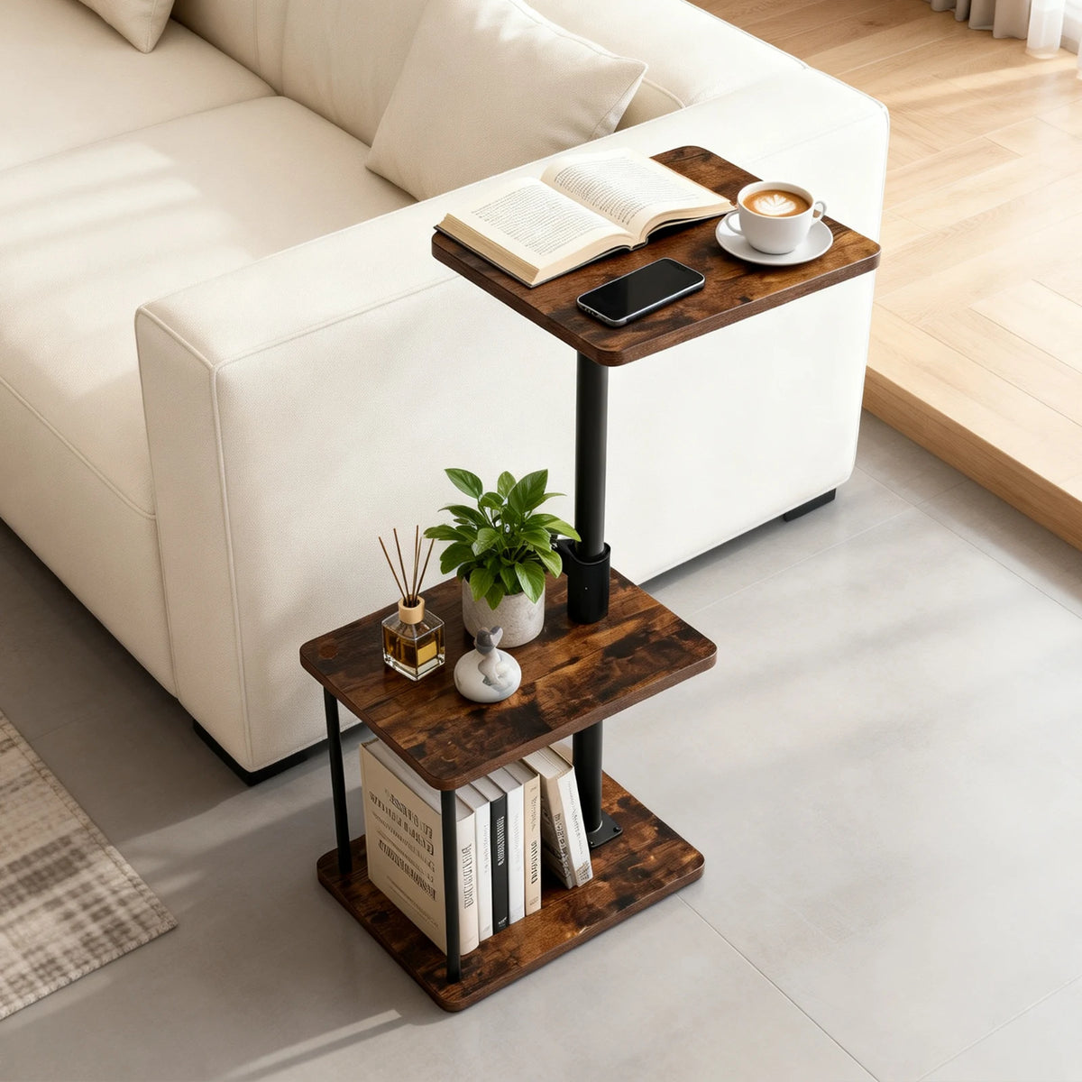 Adjustable Height 360° Swivel C Shaped Side Table With 3 Tier Storage, Space Saving Sofa Bed Laptop Table, Home Office Bedroom