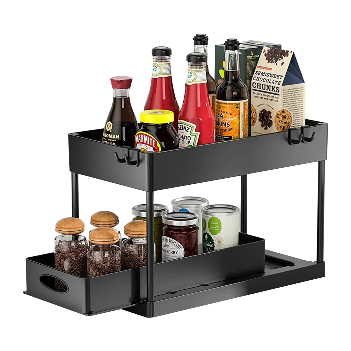 Two Tier Under Sink Sliding Cabinet Organizer Rack With Hooks