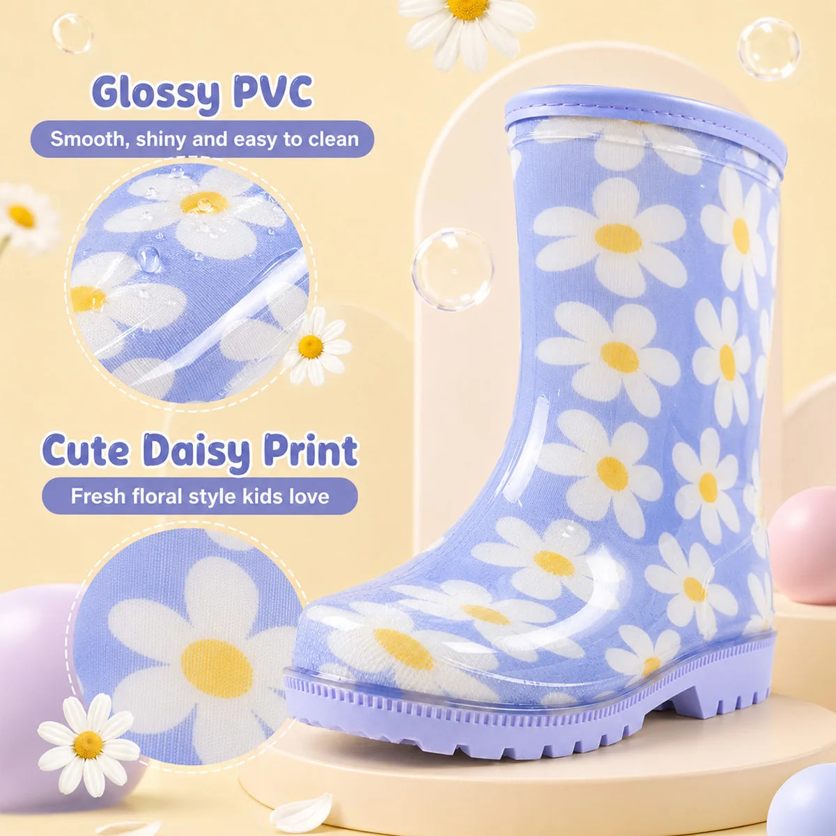 Kids Rain Boots With Fresh Daisy Print, Thickened Anti-slip Sole, Easy to Put On & Take Off, Water Shoes for Baby Outdoor Adventures