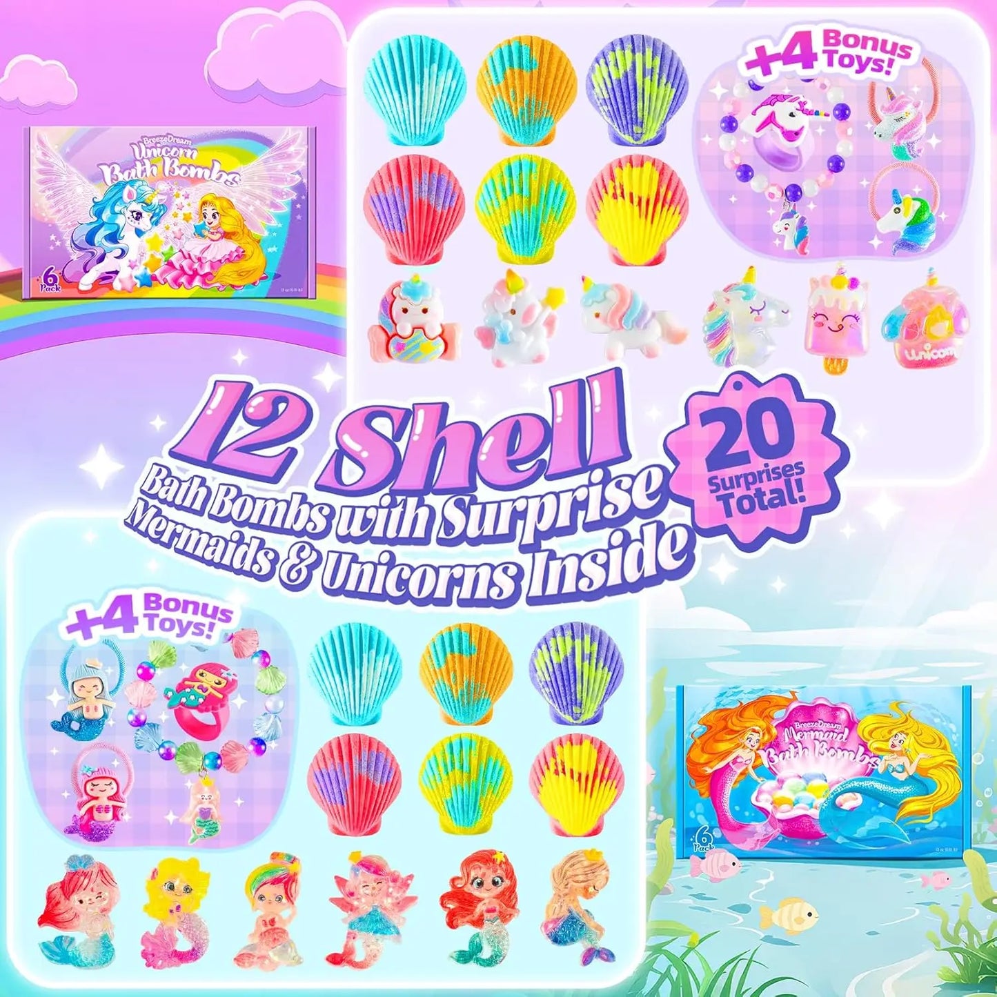 Shell Bath Bombs for Girls – 12 Pack with 20 Surprise Toys, 6 Fruity Scents, Mermaid & Unicorn Themes, Gift for Kids