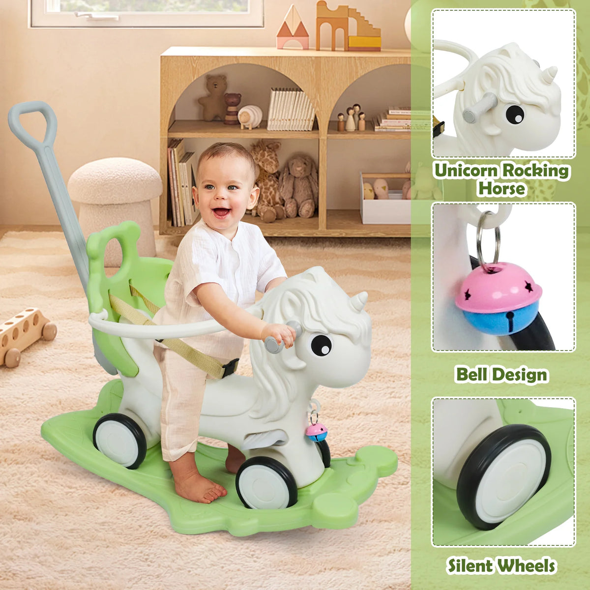 2 in 1 Convertible Unicorn Rocking Horse for Toddlers, Kids Ride On Toy with Anti-Fall Guardrail and Safety Belt, Baby Birthday Gift for 12-36 Months
