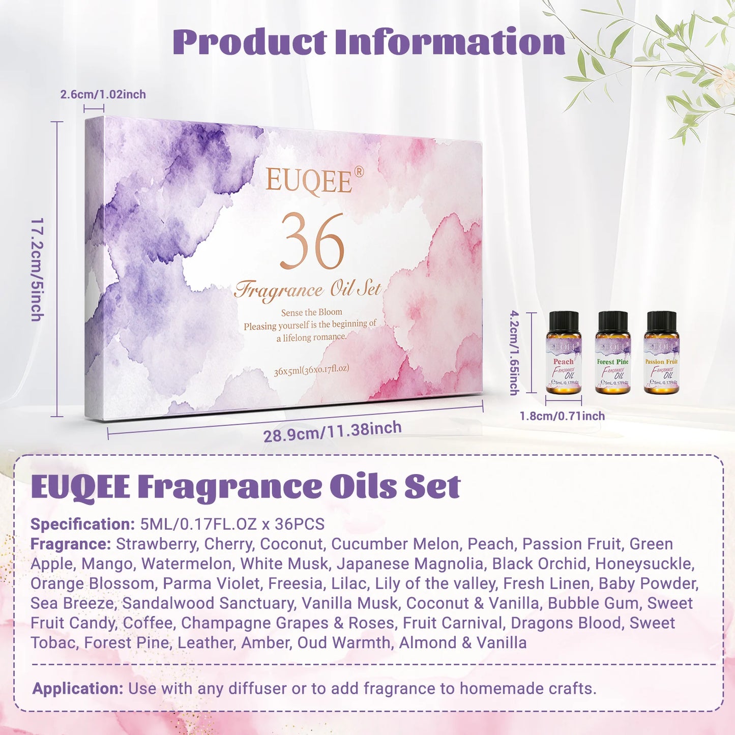 EUQEE 36 Bottles Fragrance Oils Gift Set-5ml Strawberry Cherry Peach Mango Coconut & Vanilla Coconut Fragrance Oil 36pcs/set Aroma Oils For Diffuser Candle Making