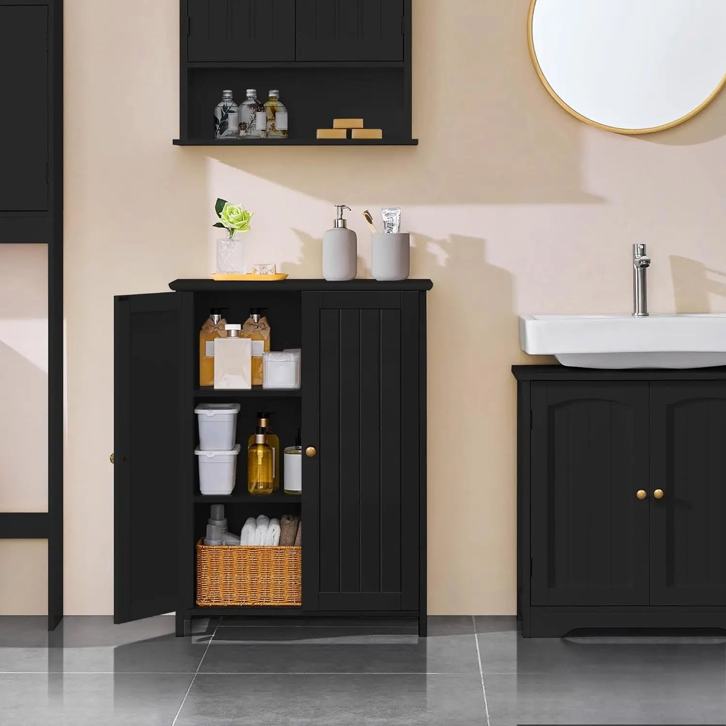 Bathroom Floor Cabinet Freestanding Storage Organizer With Adjustable Shelves