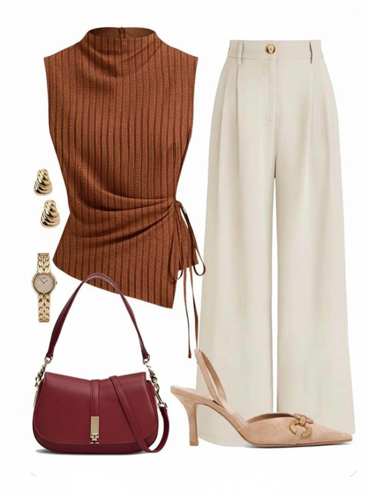 Women's Sleeveless Side Tie Top Matching High Waist Wide Leg Pants For Office Daily Dinner Casual Fashion Occasions