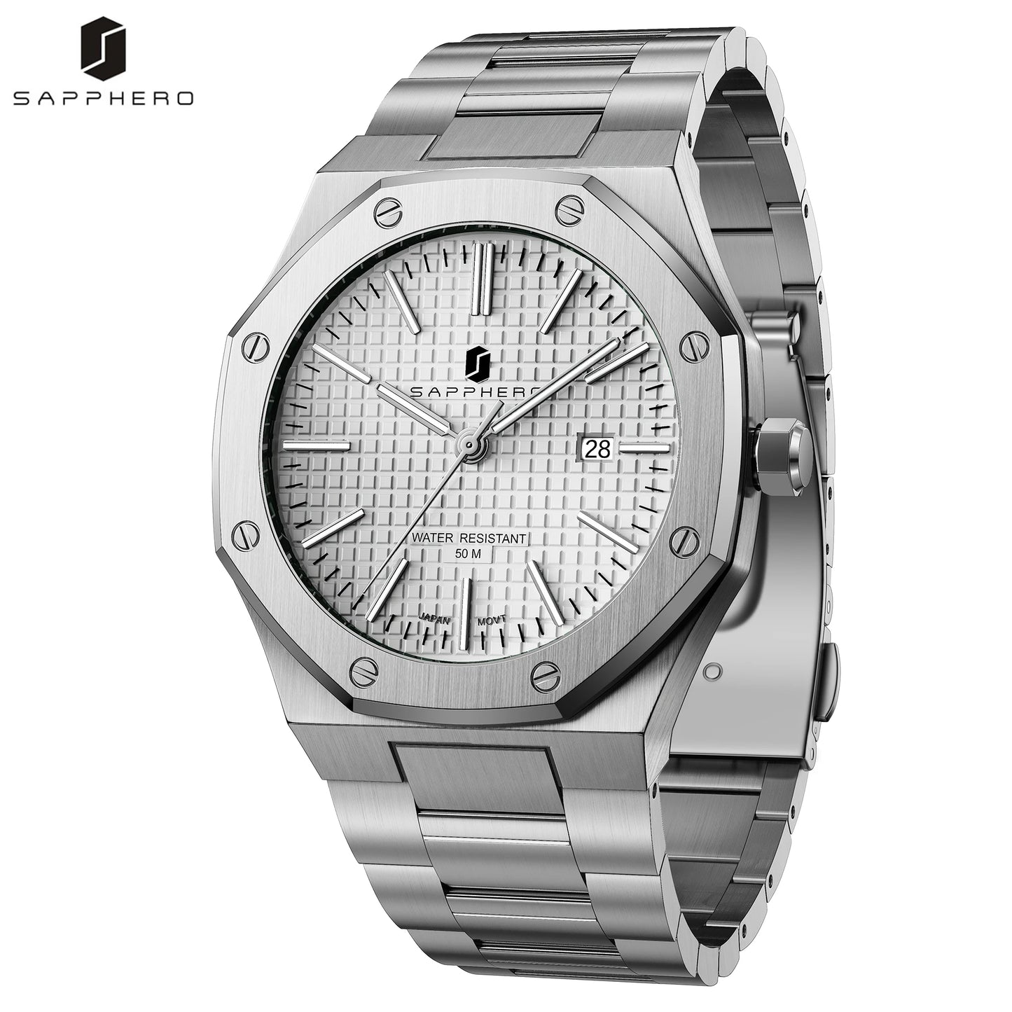 SAPPHERO Men Analog Watch Stainless Steel Quartz Movement Date Display 50M Waterproof Classic Business Casual Wristwatch Gift
