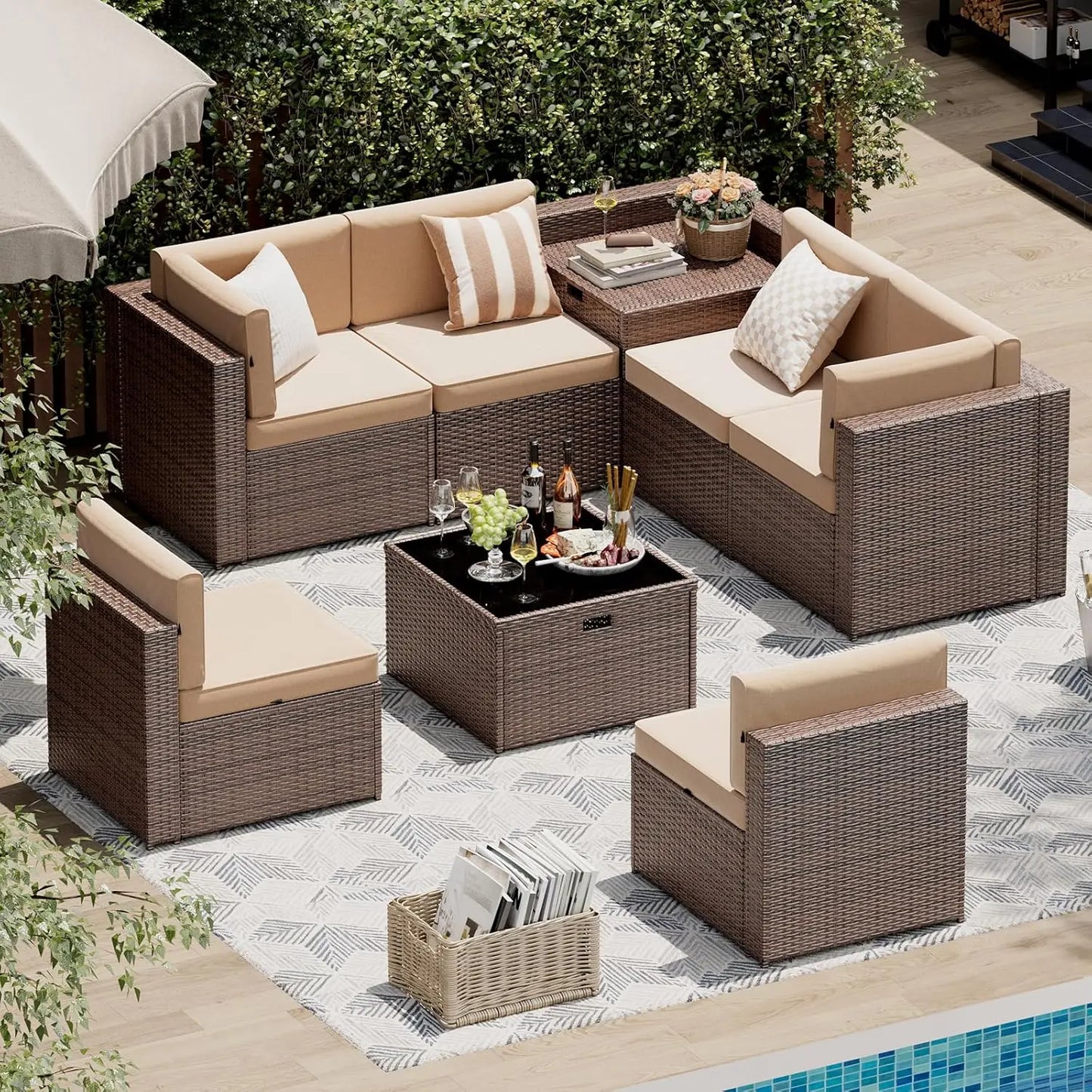 8 Piece Patio Furniture Set, Wicker Outdoor Furniture with Large Storage Table, Patio Conversation Sets with Waterproof, Custom