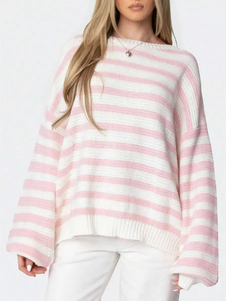 Oversized Striped Knit Sweater Long Sleeve Crew Neck Pullover Casual Vintage Preppy Style