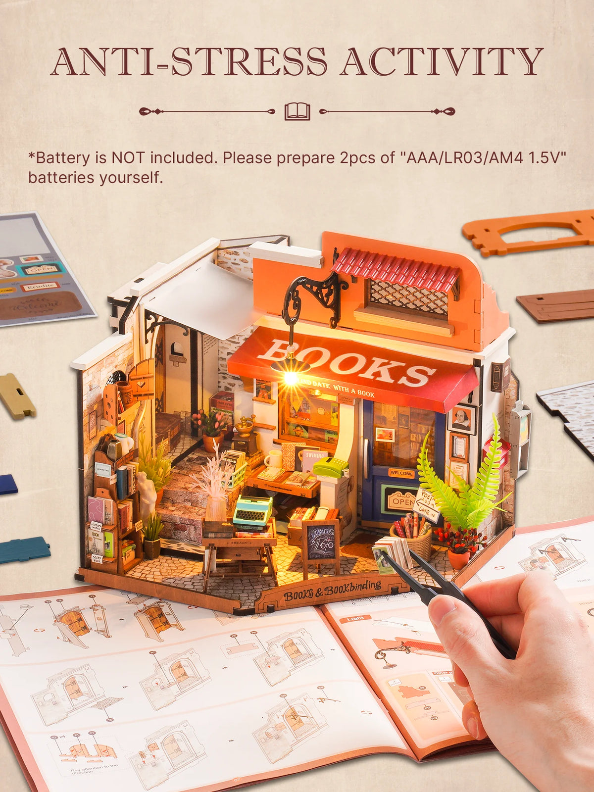 Rolife Wooden Dollhouse 3D Puzzle Toys Corner Bookstore DIY Miniature House Model Building Kit with LED Light for Home Decor Birthday Gift for Adults Friends
