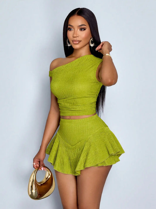Women Off-Shoulder Crop Top And Ruffled Skirt Two Piece Set Green Casual Party Outfit