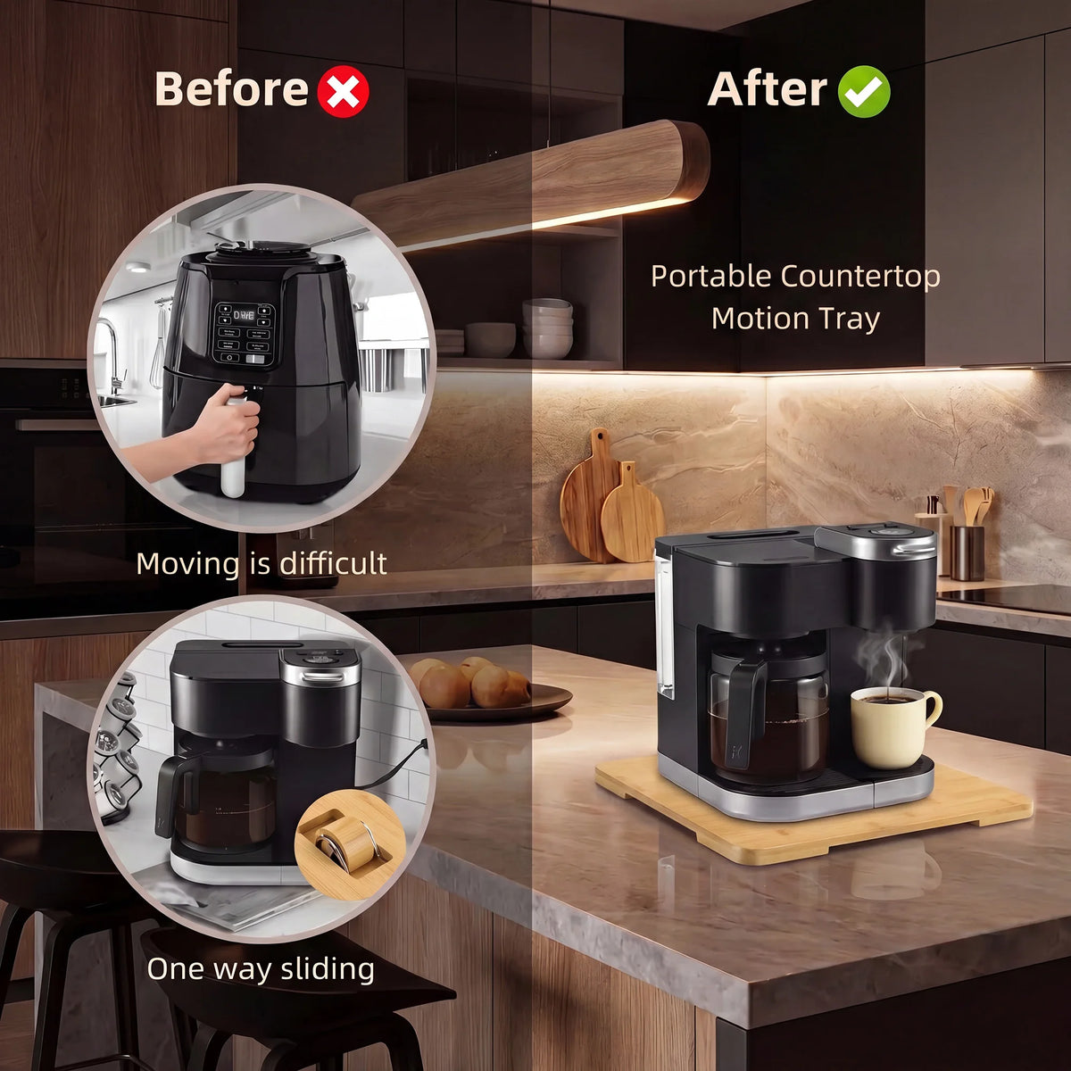Bamboo Appliance Sliding Tray 360° Rotating Countertop Motion Slider for Coffee Maker Air Fryer Stand Mixer