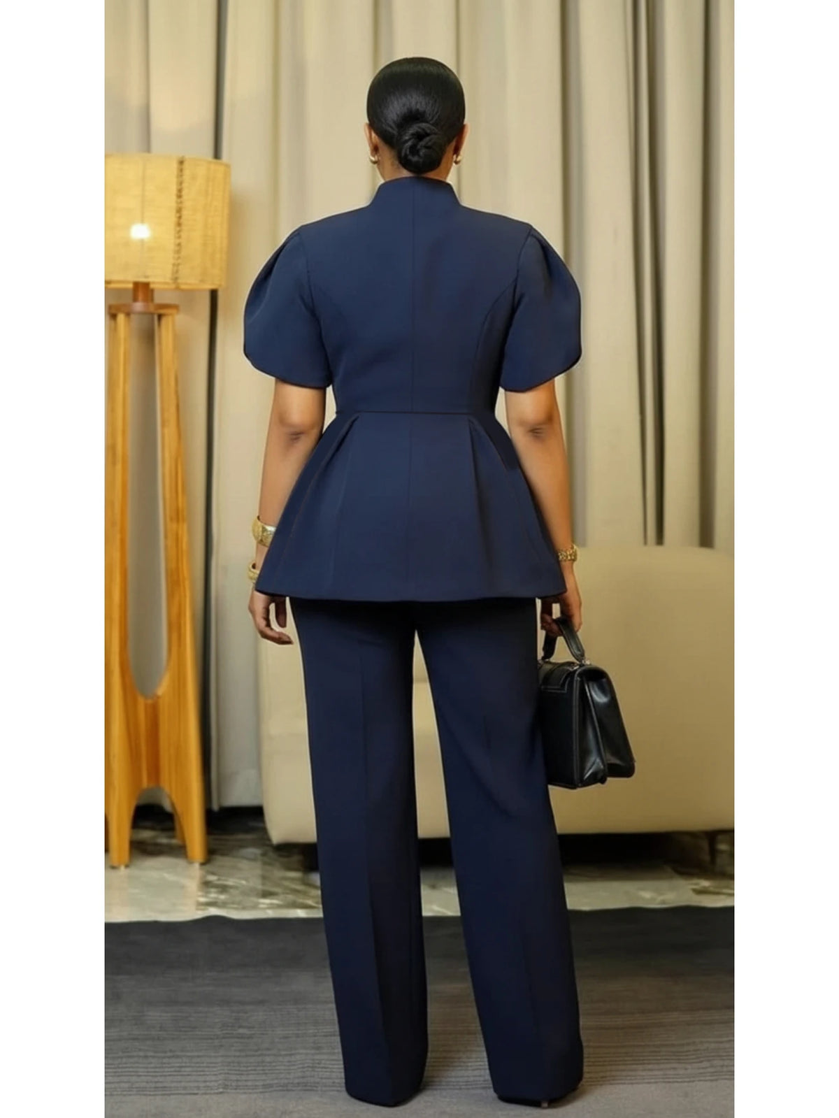 Women Stand Collar Puff Sleeve Button Peplum Top And Straight Leg Pants For Elegant Office Business And Daily Occasion