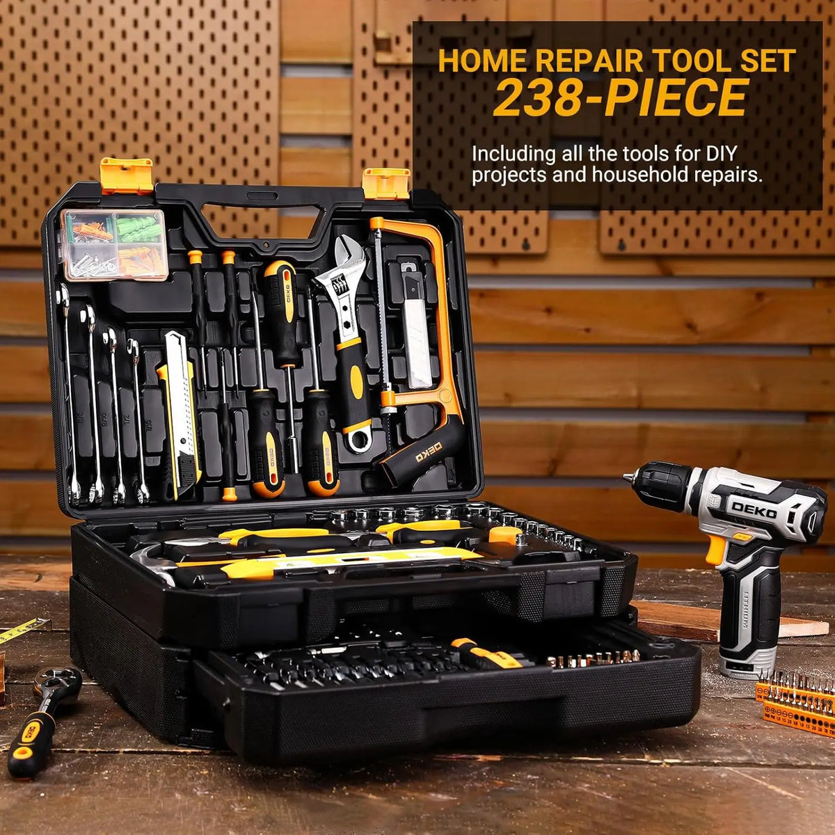 DEKO Cordless Drill Toolbox and Household Repair Tool Set