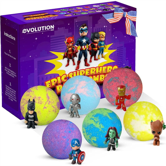 Superhero Bath Bombs for Kids, 6 Pack Organic Bathbomb with Surprise Toy Inside, Epic Fizz Fun Gift for Boys Girls
