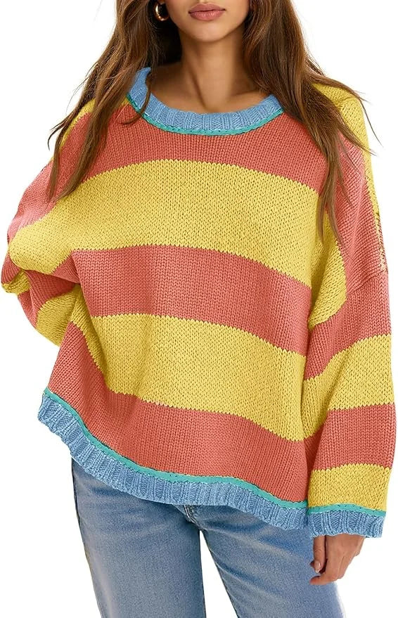 Fisoew Womens Oversized Sweaters Casual Long Sleeve Striped Color Block Crewneck Knitted Loose Fall Pullover Tops