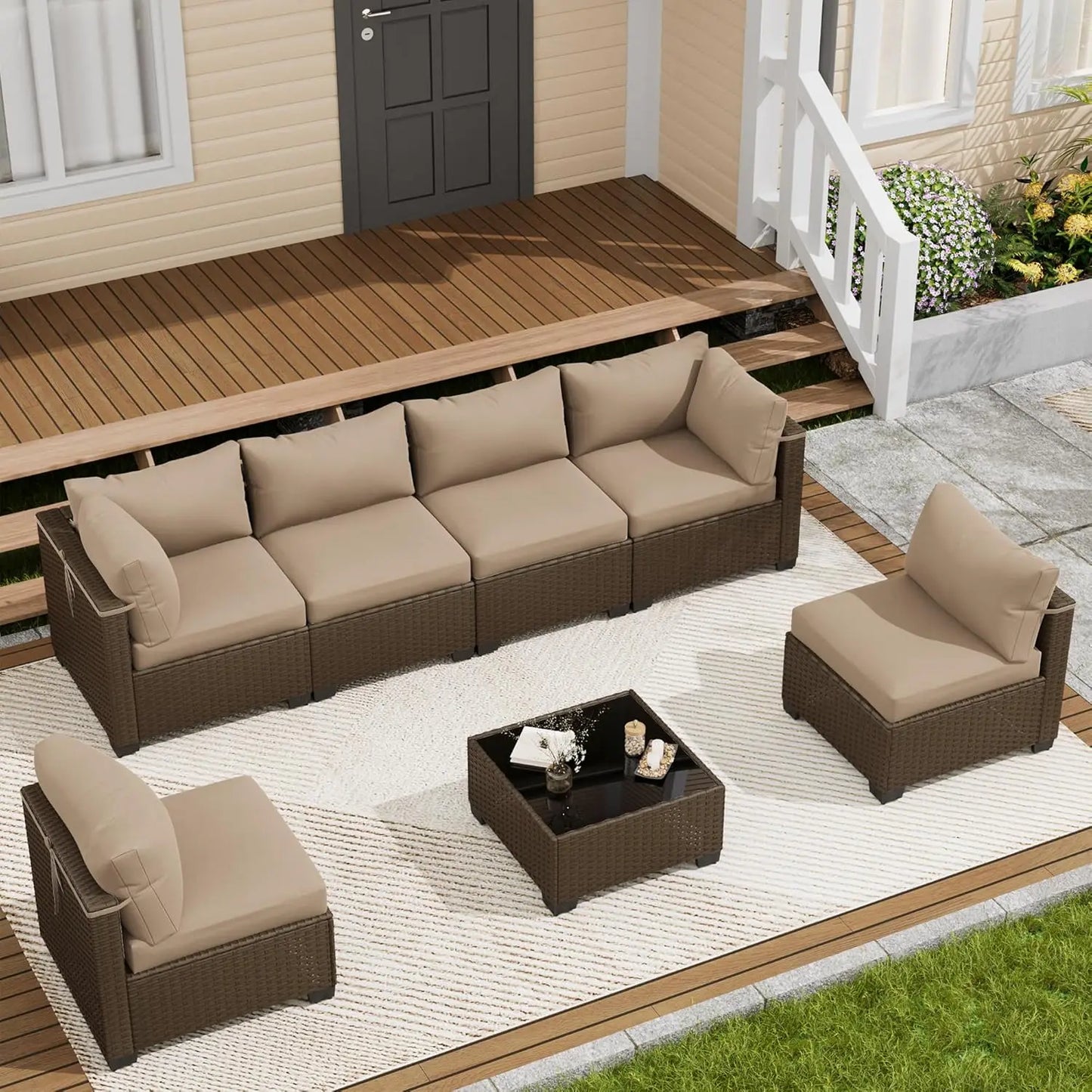 7 Piece Outdoor Patio Furniture Set, Outdoor Sectional Sofa, Wicker Rattan Patio Furniture, Patio Conversation Set with, Custom