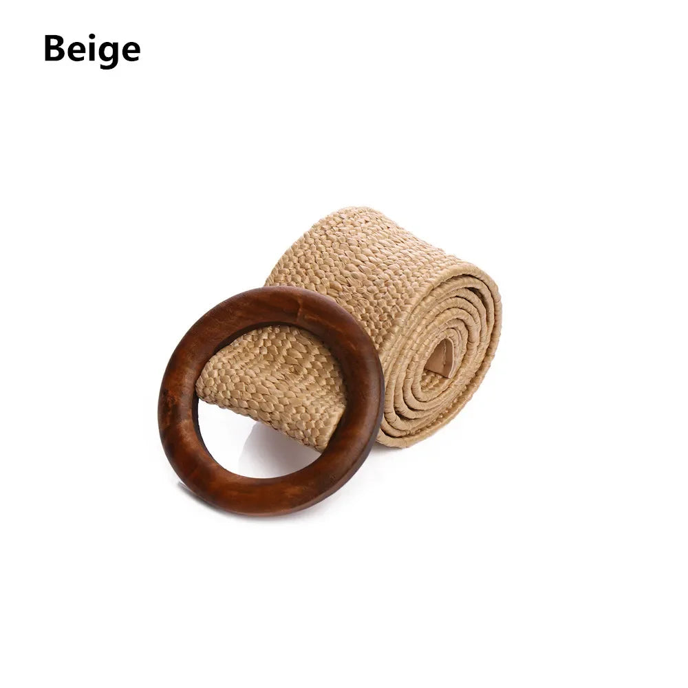 Women Straw Belt With Wooden Buckle And Elastic Waist Chain