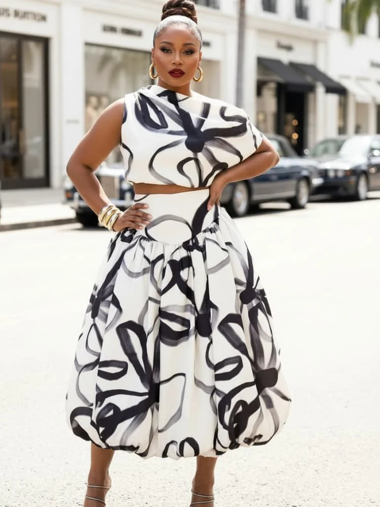 Plus Size Asymmetrical Neck Sleeveless Crop Top + High Waist Bubble Midi Skirt Matching Set For Women Party Fashion Two Piece Outfit