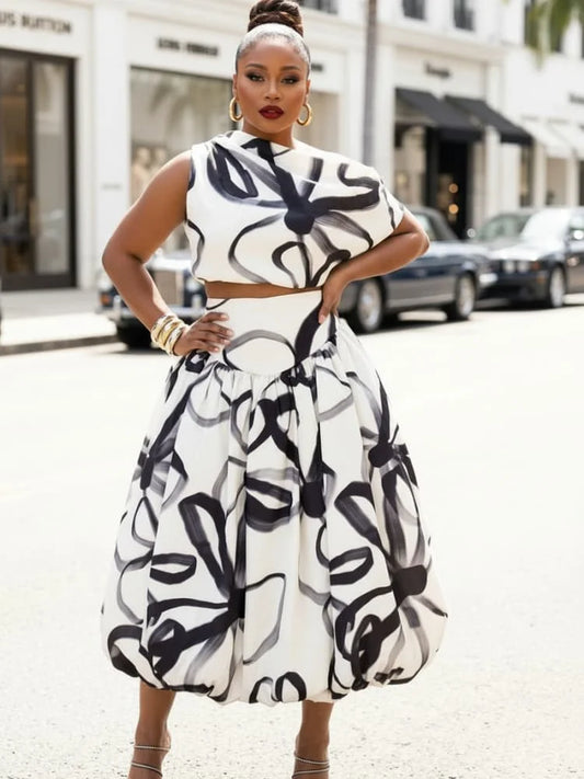 Plus Size Asymmetrical Neck Sleeveless Crop Top + High Waist Bubble Midi Skirt Matching Set For Women Party Fashion Two Piece Outfit