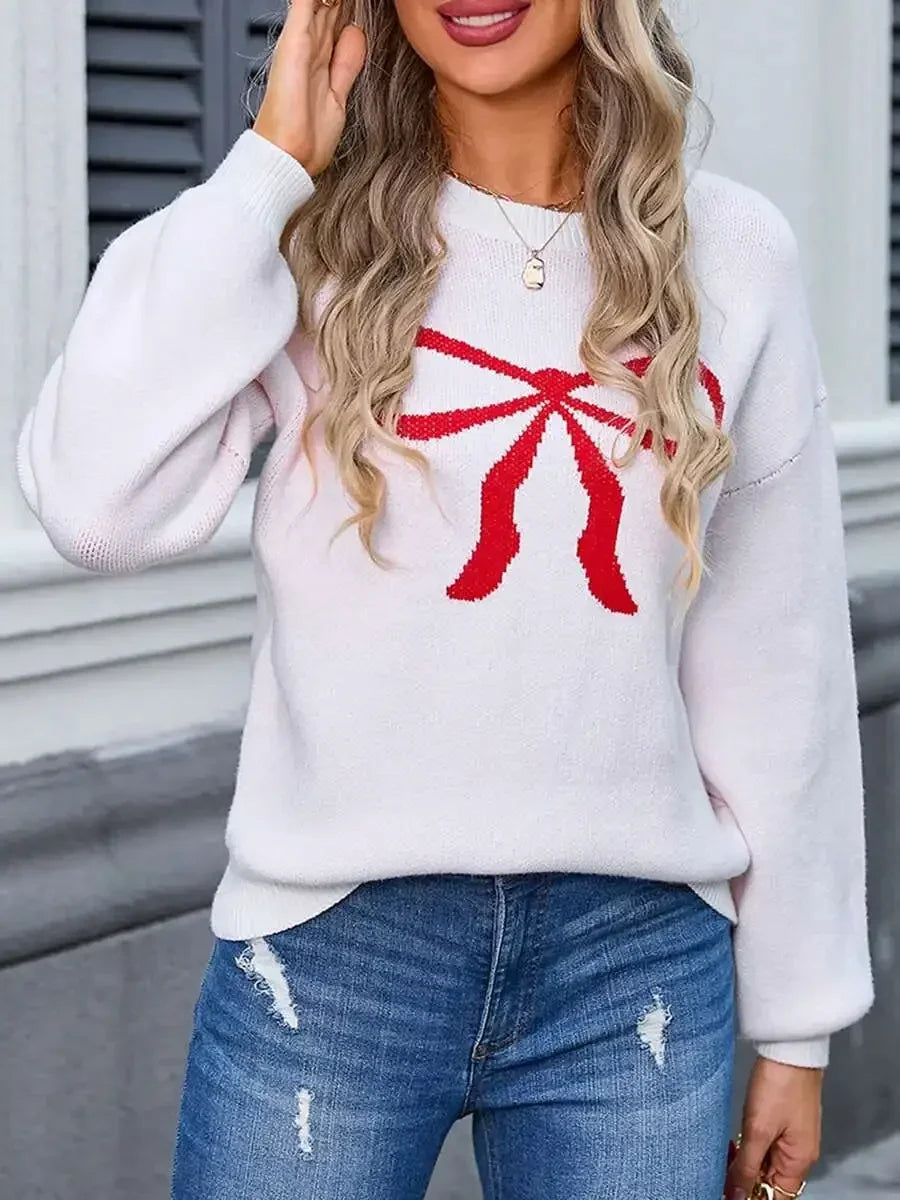 Women Knitted Sweater With Bow Print Long Sleeve Round Neck Loose Pullover Fall Winter Streetwear Casual Top