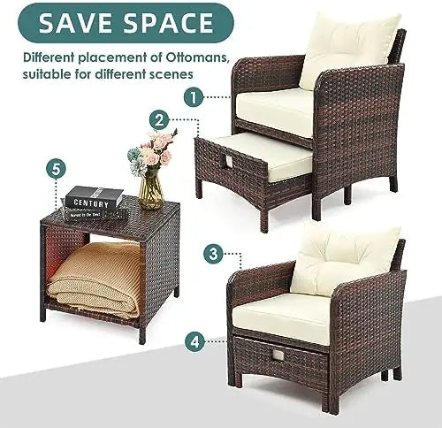 5 Pieces Patio Furniture Set, Rattan Balcony Furniture with Ottomans, PE Wicker Outdoor Patio Chairs Set with Coffee