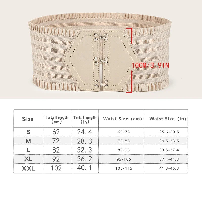 Vibrant Triple Buckle Elastic Waistband Ruffles Wide Belt For Women