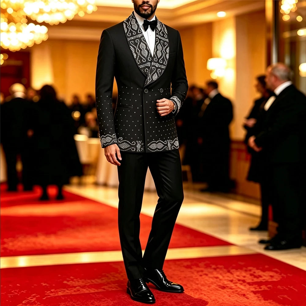 Men Black 2 Pieces Tuxedo Suit Silver Rhinestone Embroidery Shawl Lapel Double Breasted Blazer Pants Set Wedding Groom Prom Party Formal Suit