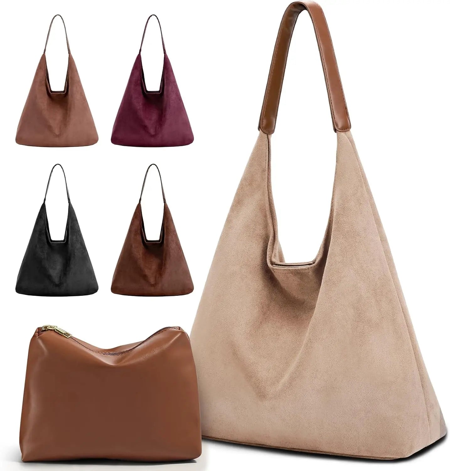 Vintage Suede Tote Bag For Women With Zippered Cosmetic Organizer