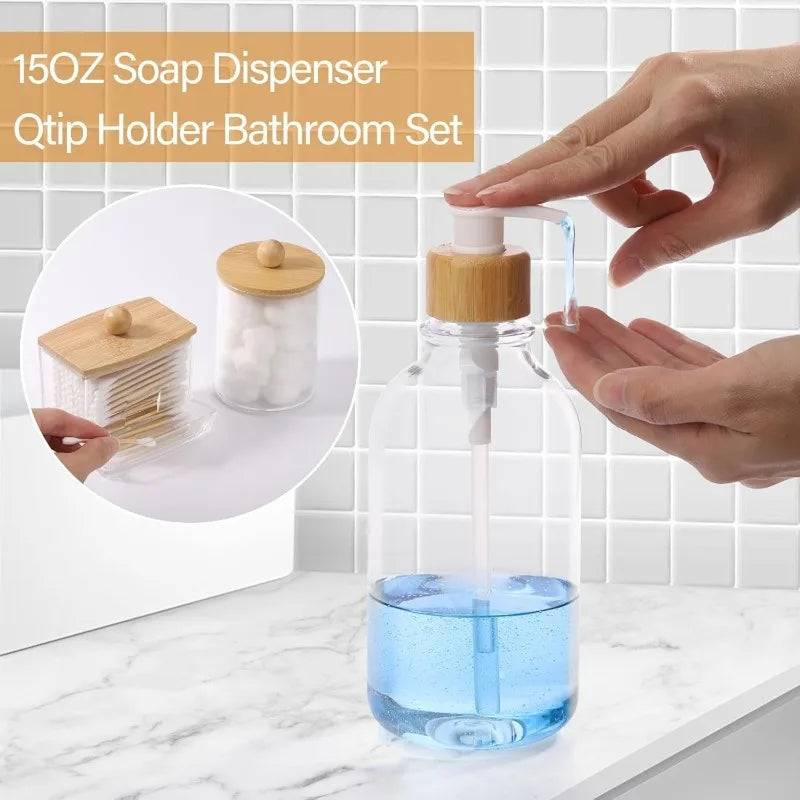 4Pcs Bamboo Bathroom Accessories Set, Clear Toothbrush Holder Plastic Soap Dispenser and 2 Qtip Holder Cotton Swab/Pad/Ball Container Jar
