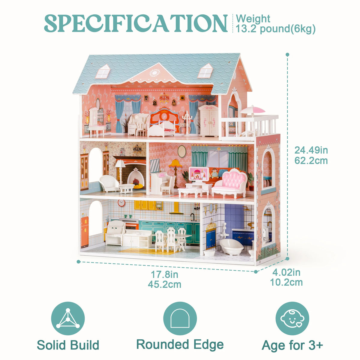 ROBUD Wooden Dollhouse 3 Story 6 Room with 31PCS Furniture Set, Kids Pretend Play Doll House Toy, Miniature House Gift for Girls Boys Age 3+