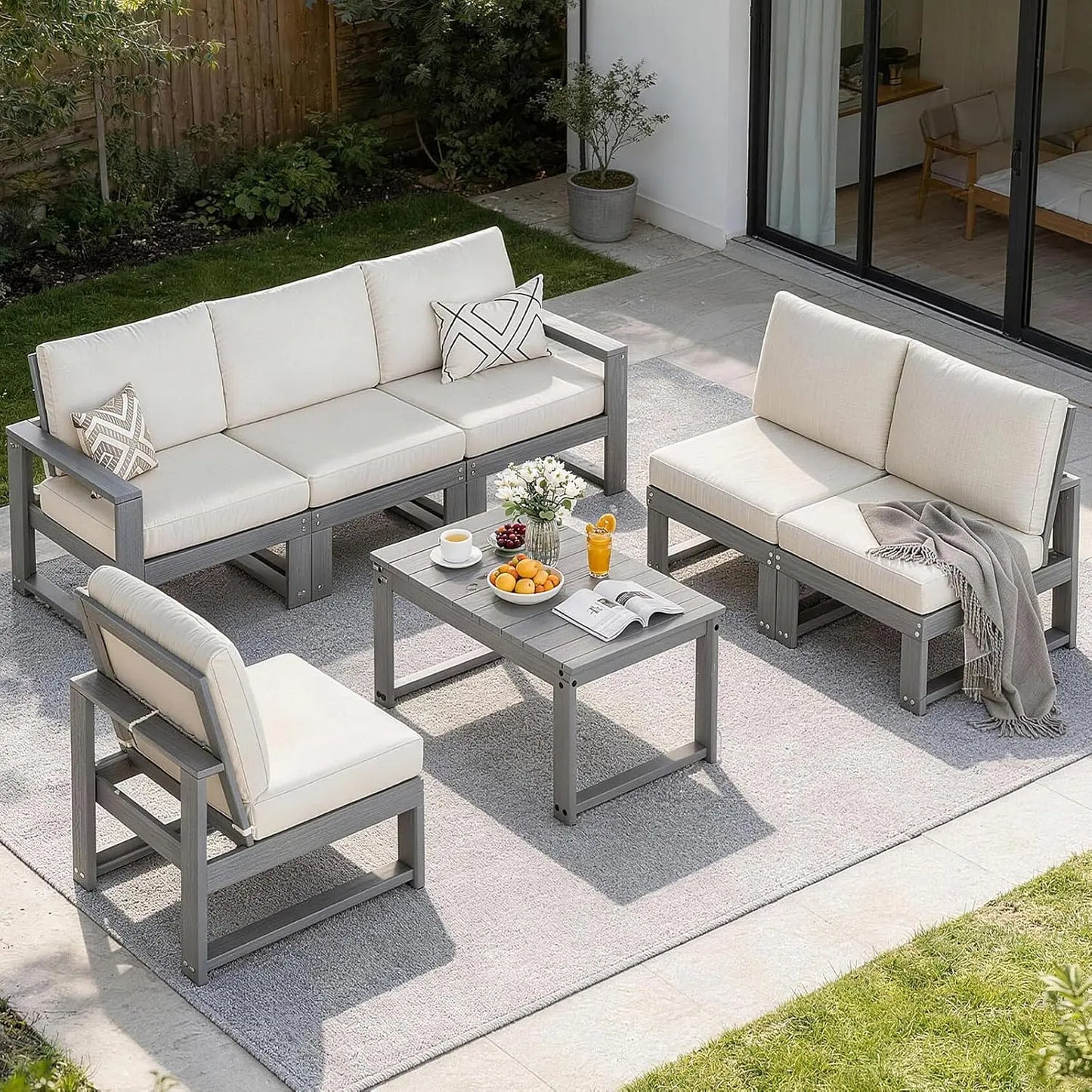 Patio Furniture Set, HDPE Sectional Outdoor Conversation Sets, 7-Piece Outdoor Couch Set with Deep Cushions, Customized