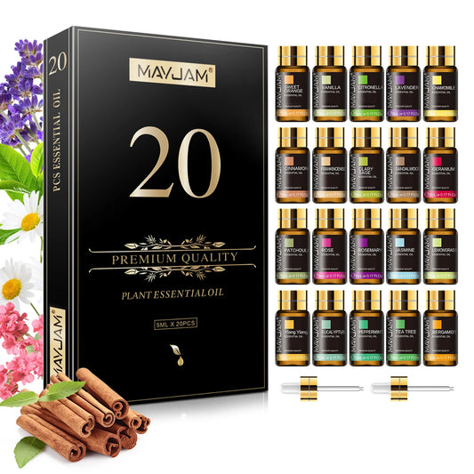 MAYJAM 20 Bottles Essential Oils Gift Box Lavender Jasmine Eucalyptus Vanilla Patchouli Citronella Sandalwood Rose Orange Scents