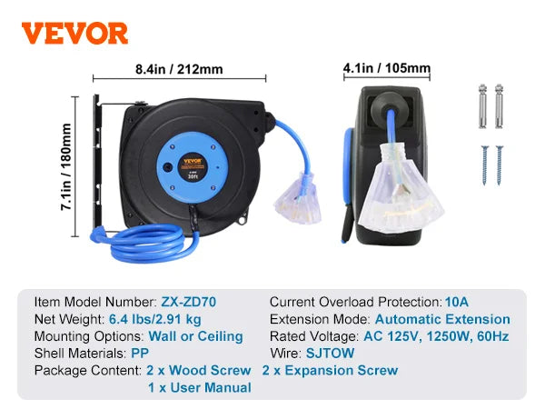 SucceBuy Automatic Retractable Extension Cord Reel With Triple Tap Outlet