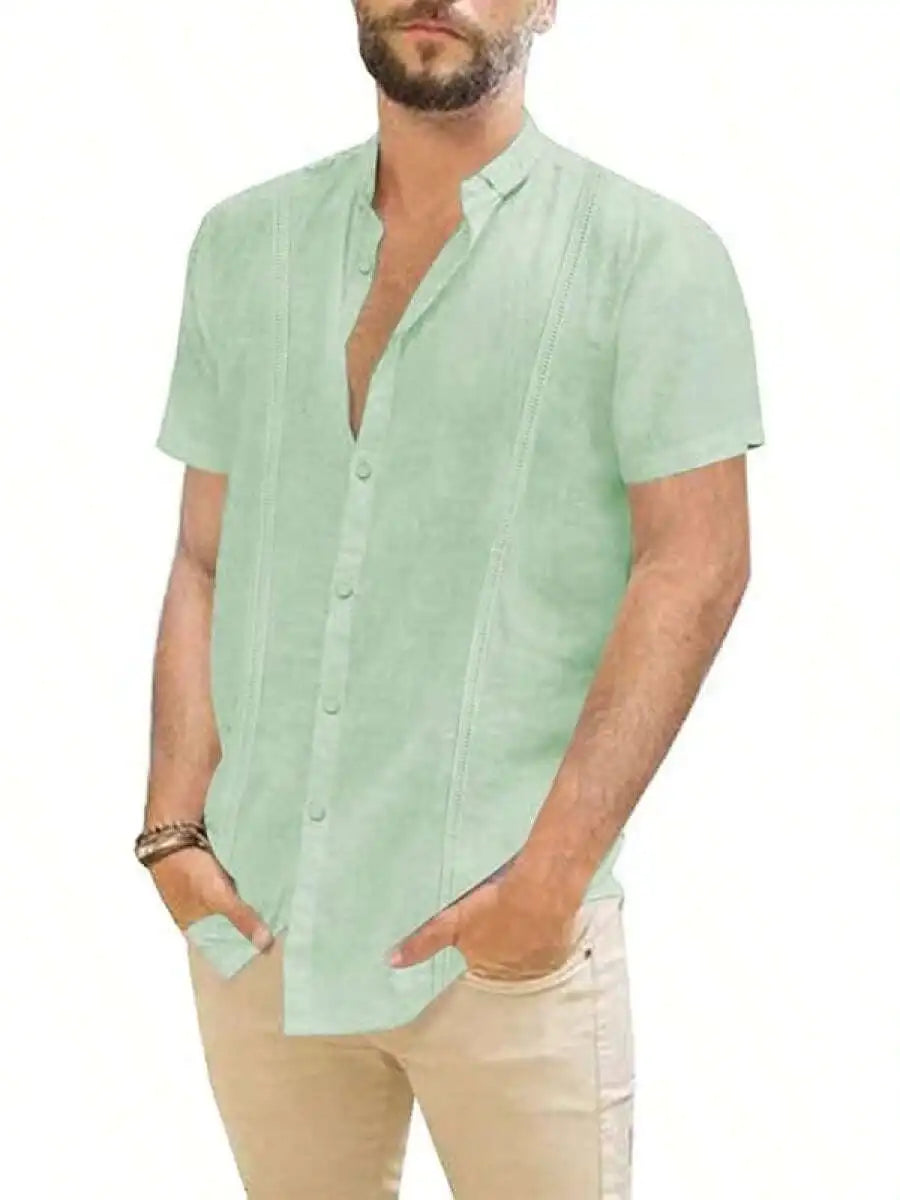 Mens Casual Linen Button Down Short Sleeve Shirt Beach Summer Spread Collar