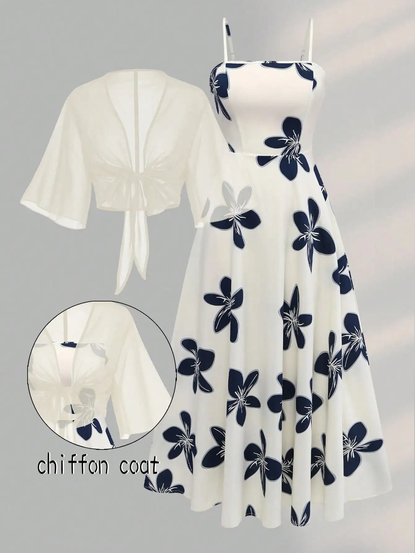 2 Pieces Women's Floral Chiffon Dress Elegant Romantic Date Outfit Spring Summer