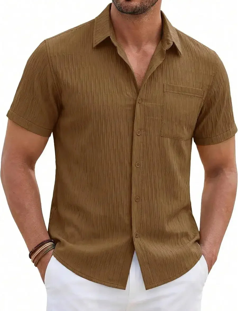 Mens Short Sleeve Button Down Shirt Textured Casual Summer Beach Top With Chest Pocket
