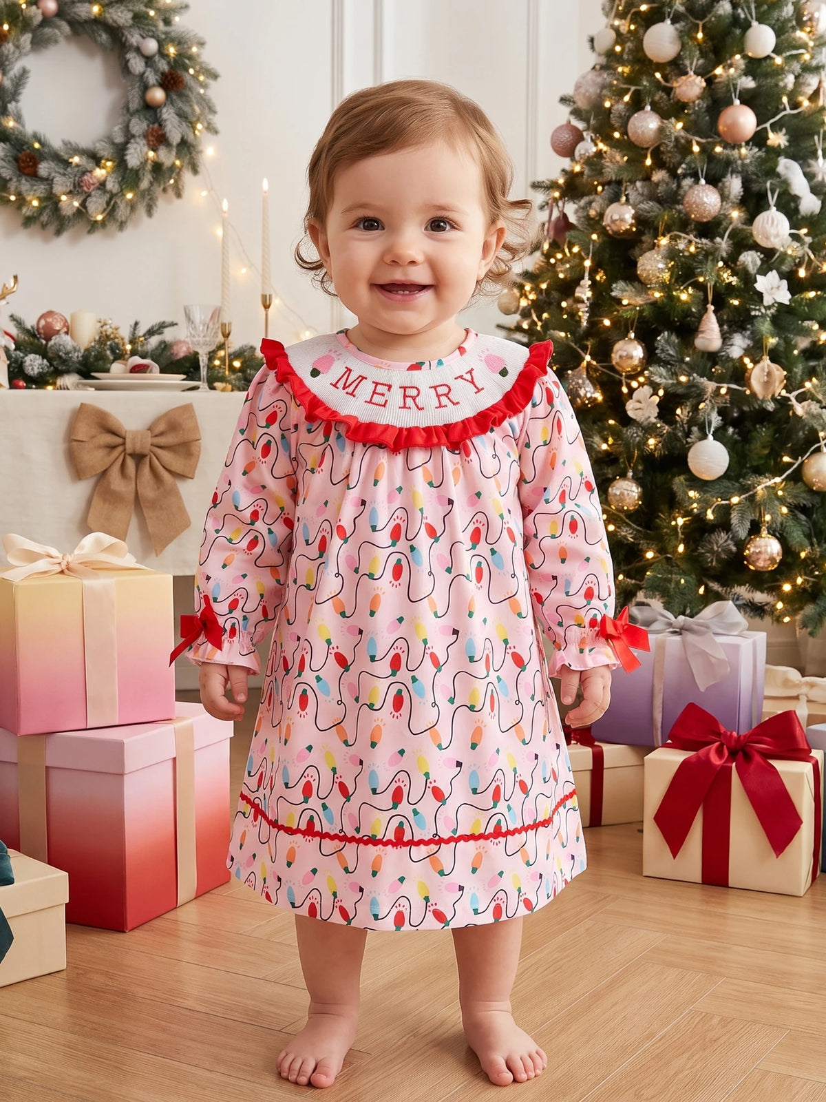 Girls Christmas Dress Sleeve Print Crew Little Crew Neck Little Girls Christmas Christmas Lightweight