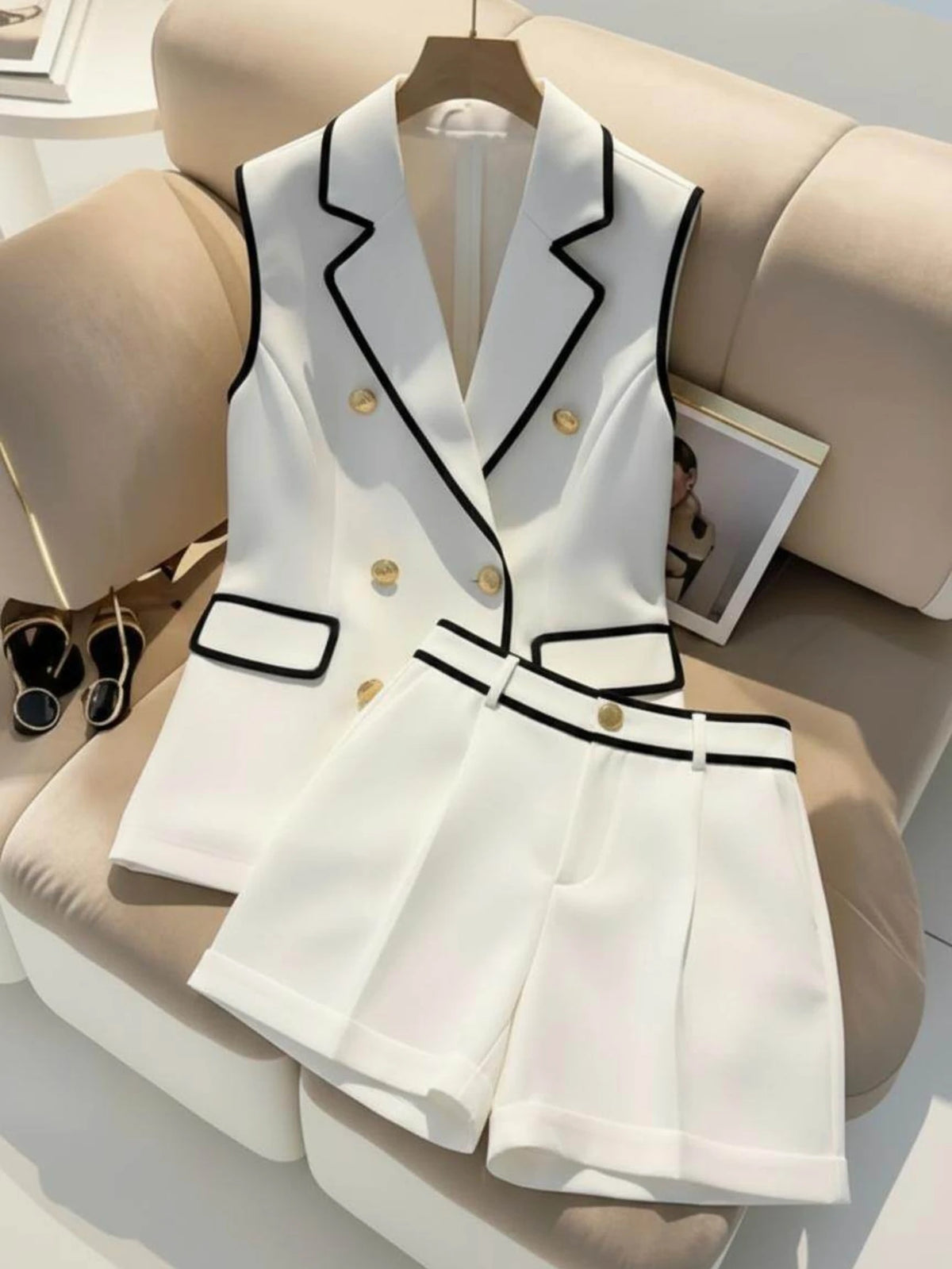 Women Sleeveless Lapel Contrast Trim Waistcoat High Waist Shorts Two‑Piece Business Wedding‑Guest Party Suit
