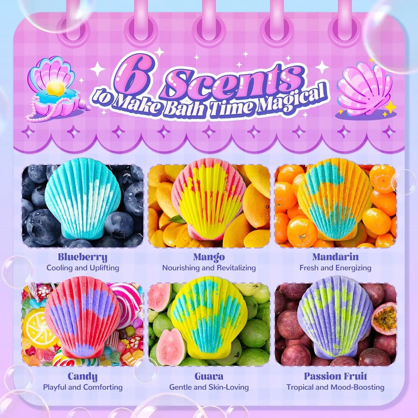 Shell Bath Bombs for Girls – 12 Pack with 20 Surprise Toys, 6 Fruity Scents, Mermaid & Unicorn Themes, Gift for Kids