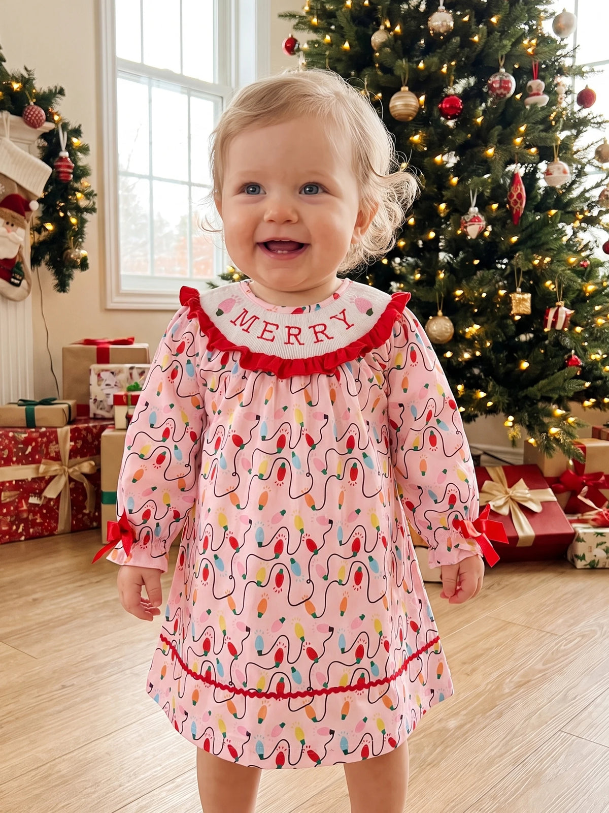 Girls Christmas Dress Sleeve Print Crew Little Crew Neck Little Girls Christmas Christmas Lightweight
