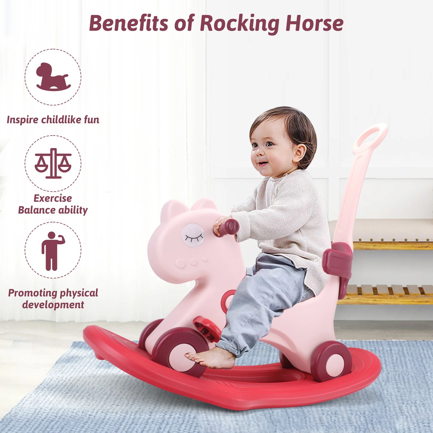 Toddler Rocking Horse Ride‑On Toy, Convertible Baby Rocker & Sliding Car with Backrest, Safe Indoor Play Gift for 1‑3Y Kids Boys Girls