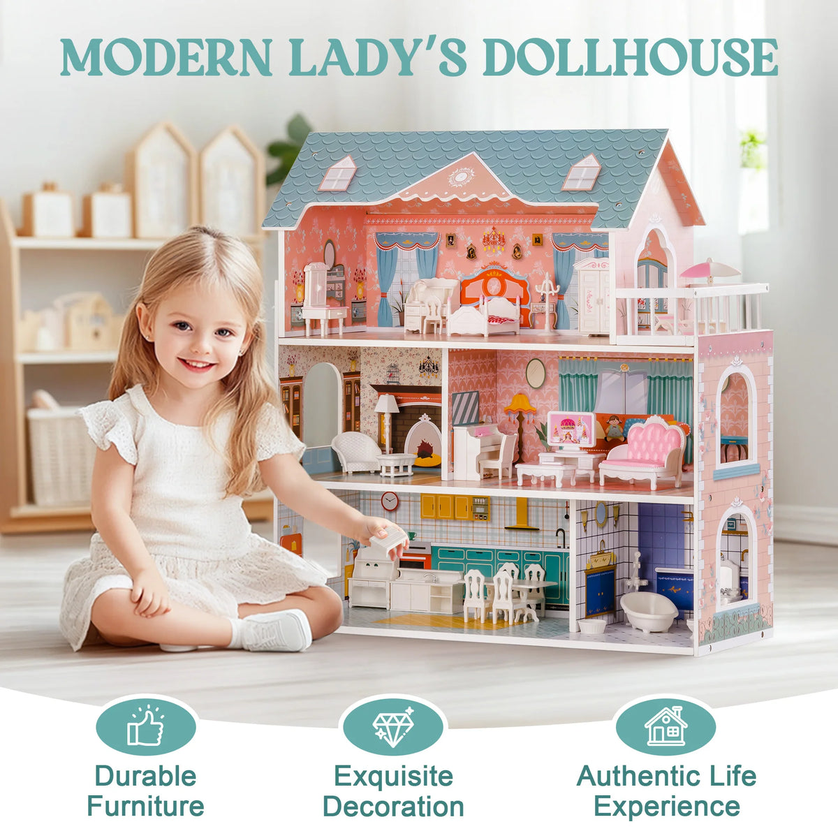 ROBUD Wooden Dollhouse 3 Story 6 Room with 31PCS Furniture Set, Kids Pretend Play Doll House Toy, Miniature House Gift for Girls Boys Age 3+