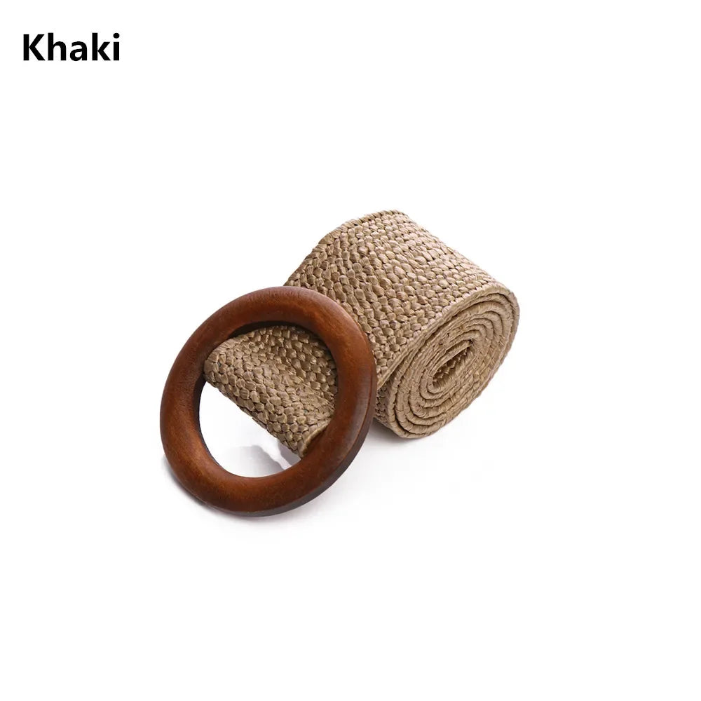Women Straw Belt With Wooden Buckle And Elastic Waist Chain