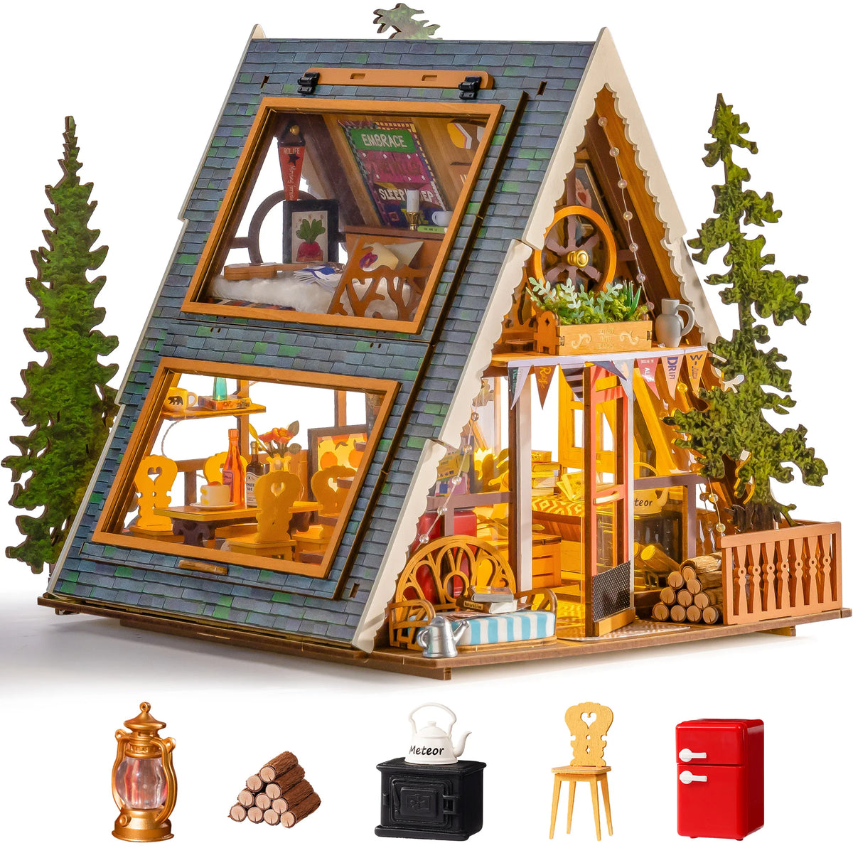 Rolife DIY Miniature House Kit A-Frame Cabin 3D Puzzle Dollhouse Building Model Kit with LED Home Decor Gifts for Adults Friends