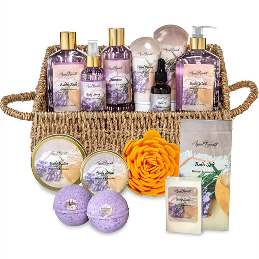 Luxury Bath Spa Gift Set with Honey Lavender - Wash, Bubble Bath, Lotion, Salts, Scrub, Spray, Puff, Bombs, Soap & Towel