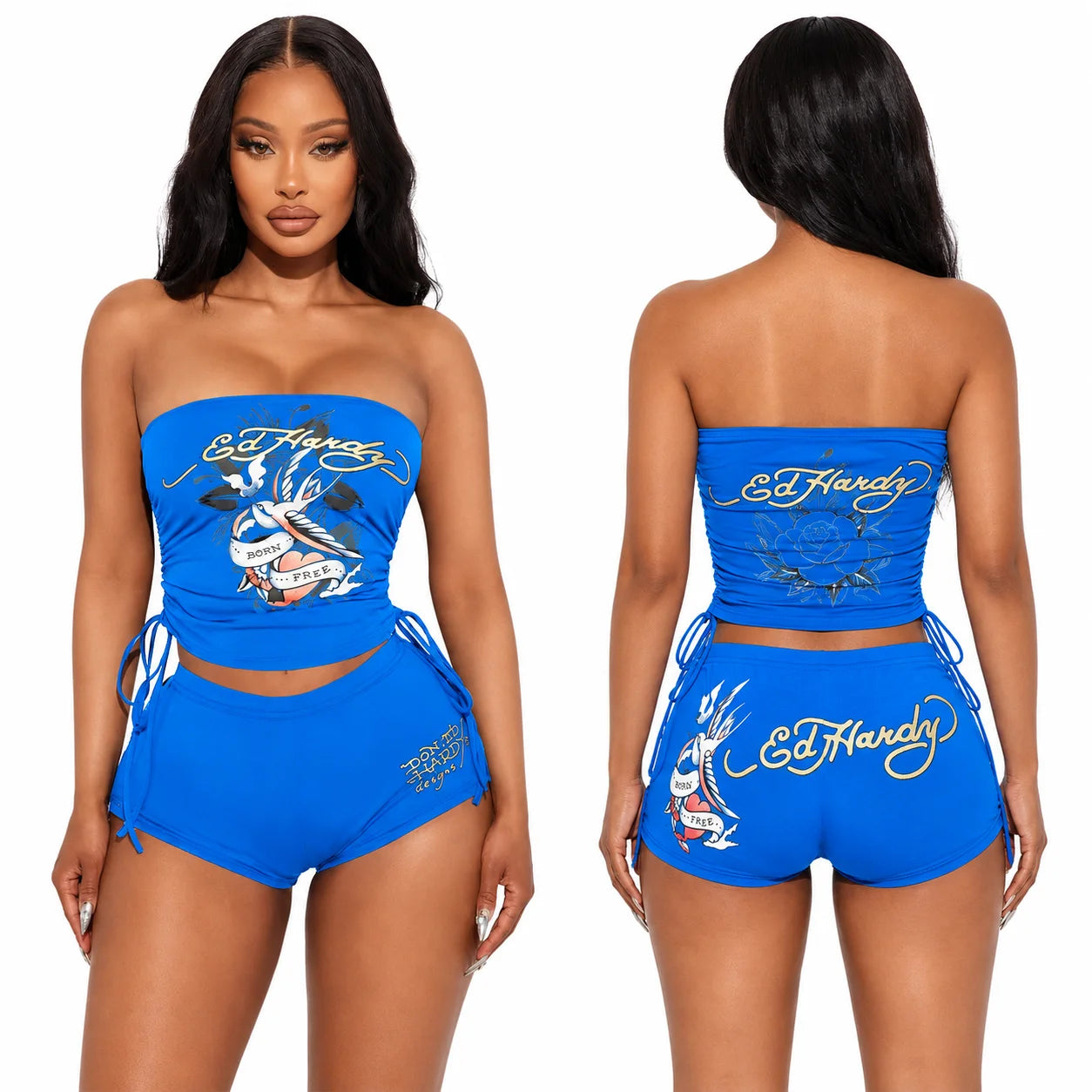 English: Women 2 Piece Y2K Outfits Vintage Tattoo Graphic Strapless Tube Top High Cut Shorts Set Adjustable Drawstring Ruched Crop Top Casual Going Out Tracksuit