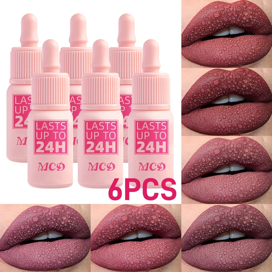 6pcs Matte Velvet Lip Gloss Waterproof Liquid Lipstick Nude Red Rose Lips Tint Makeup Lip Glaze Cosmetics Red Lip Stain Beauty for Women Gifts