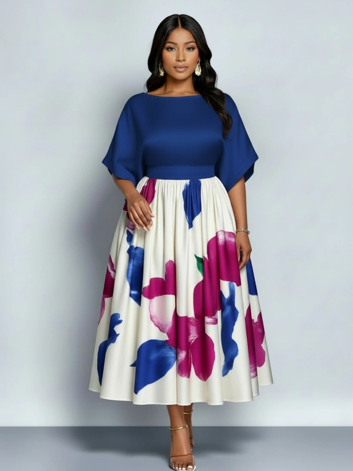 Women Pleated Floral Midi Dress Batwing Sleeve Polyester Elegance
