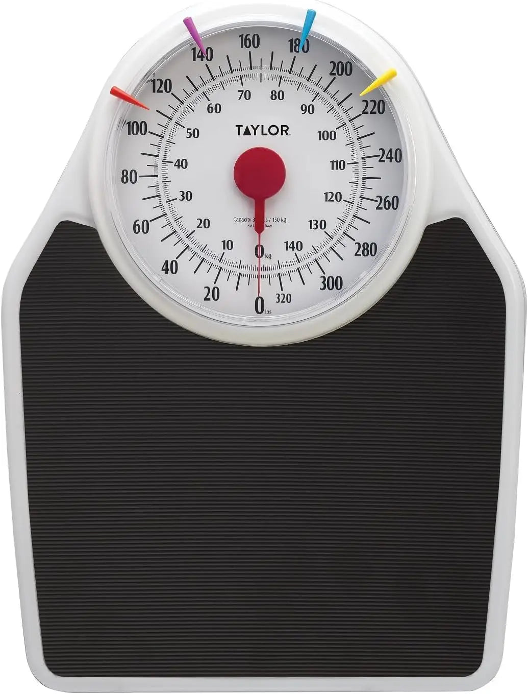Taylor Battery Free Analog Scales for Body Weight, 330LB Capacity, Easy to Read Large 7-inch Dial, 18.4 x 13.7-inch Ribbed Mat