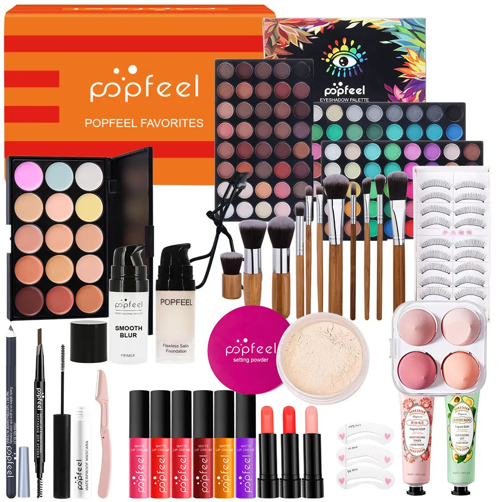 POPFEEL Complete All-in-One Makeup Kit with Brush - Full Face Beauty Set, Berry & Neutral Tones Foundation, Blush, Eyeshadow Pal